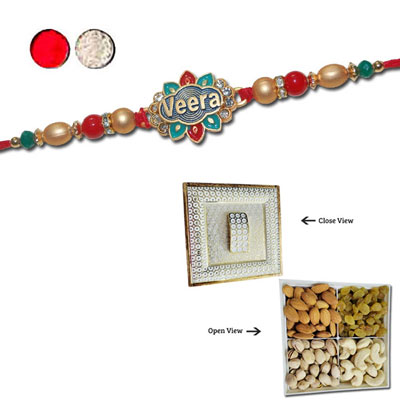 "Three Fancy Rakhis with Brass Thali - Click here to View more details about this Product